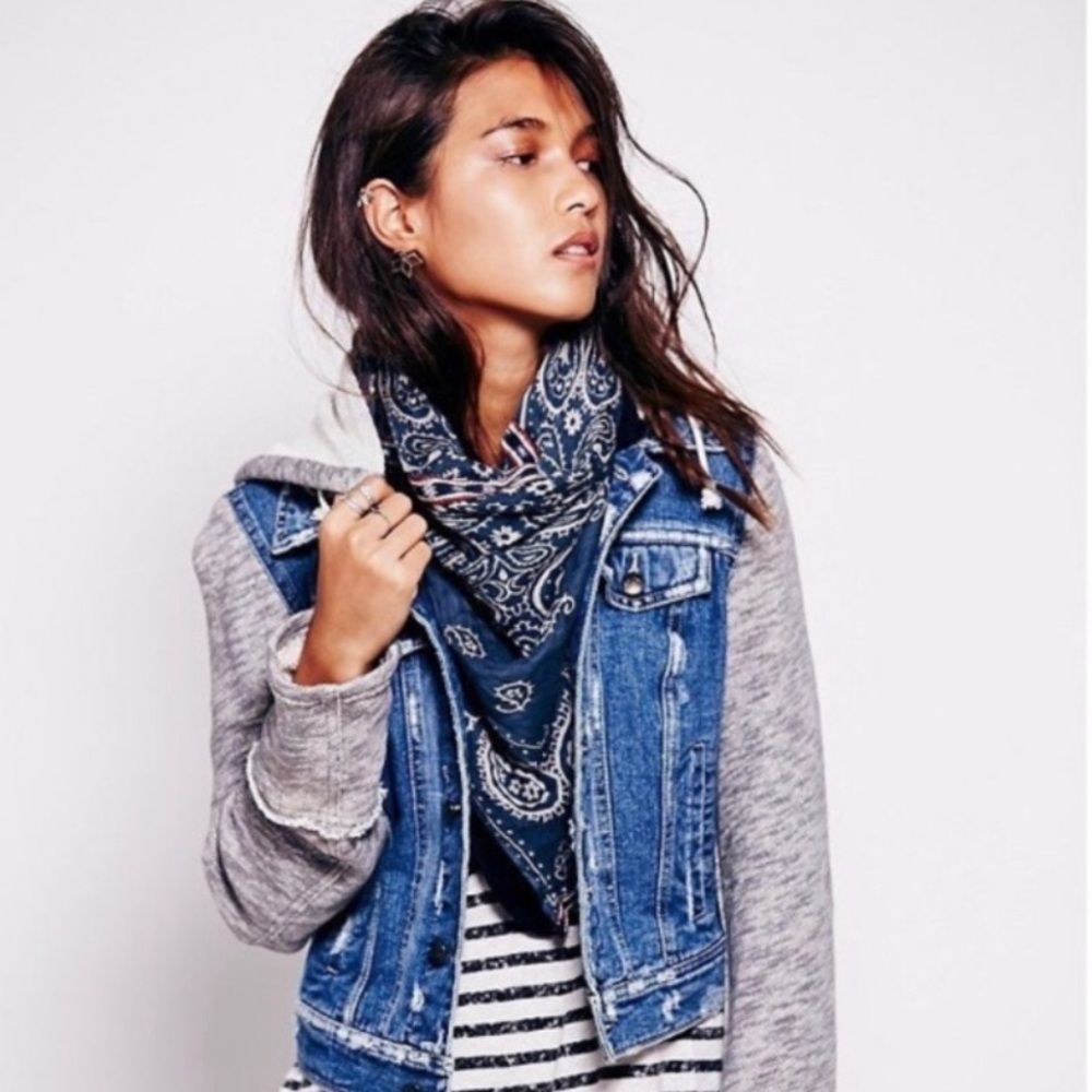 Free People Blue Denim & Gray Sleeve Hooded Jean Jacket